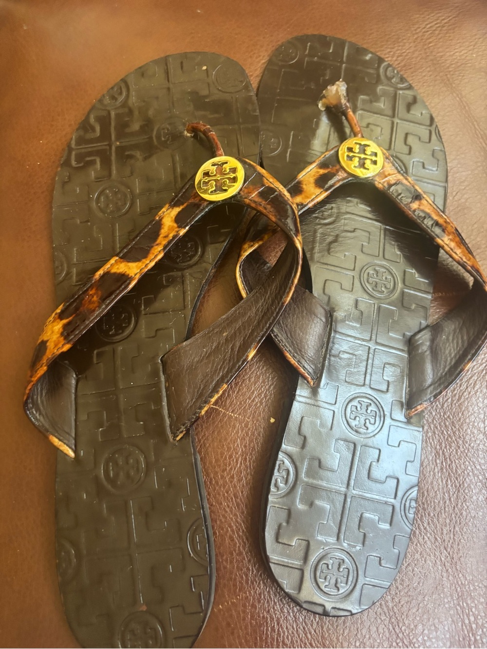 Tory Burch Brown Leather Flip Flops with Leopard-Print Straps and Gold Logo